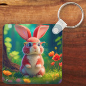 緑の草の上にかわいいピンクのバニー キーホルダー (裏面)