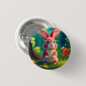 緑の草の上にかわいいピンクのバニー 缶バッジ (正面&裏面)