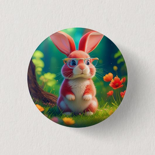 緑の草の上にかわいいピンクのバニー 缶バッジ (正面)