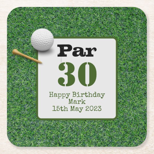 緑の草の上にゴルフボールとゴルフ30th誕生日 スクエアペーパーコースター (正面)