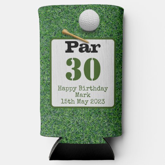 緑の草の上にゴルフボールとゴルフ30th誕生日 スリム缶クーラー (正面)