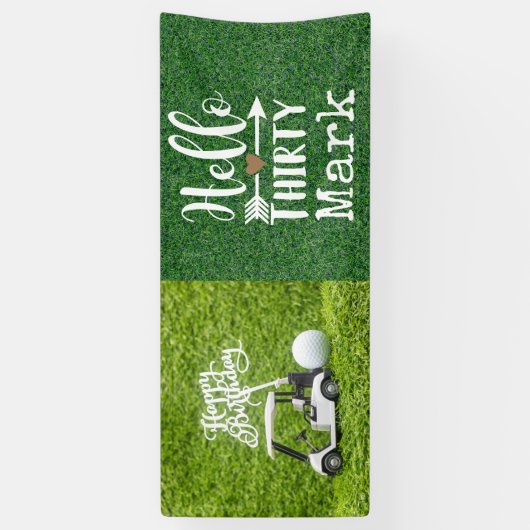 緑の草の上にゴルフボールとゴルフ30th誕生日 横断幕 (縦)