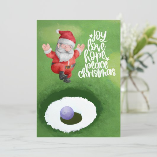 緑の草の上にサンタクロースとゴルフクリスマス シーズンカード (スタンド正面)