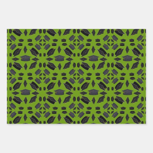 緑の草の上に黒い卒業式の帽子をかぶせる ラッピングペーパーシート (正面3)