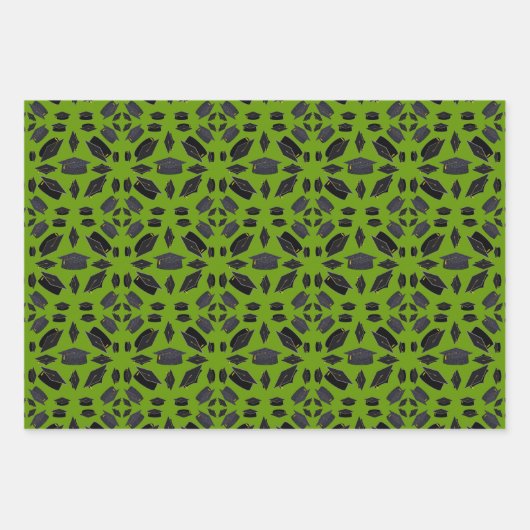 緑の草の上に黒い卒業式の帽子をかぶせる ラッピングペーパーシート (正面)