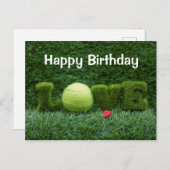 緑の草の上にLOVEを持つテニス誕生日カード ポストカード (正面/裏面)