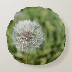 緑の草の上の白いタンポポの花 ラウンドクッション