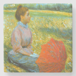 緑の草原で休む女性 ストーンコースター