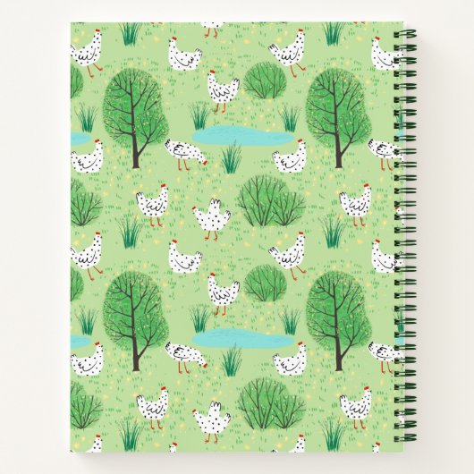 緑の草地にかわいいニワトリの名前 ノートブック (裏面)