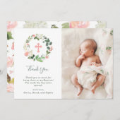 緑の草木およびピンクの花の水彩画の洗礼の写真 サンキューカード (正面/裏面)