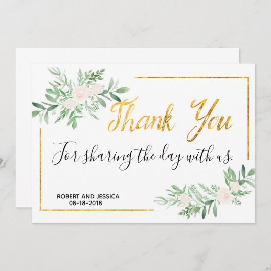 緑の草木および金ゴールドのシンプルな結婚式のサンキューカード サンキューカード (正面/裏面)