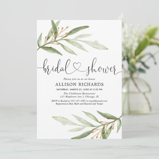 緑の草木および陸軍少佐の階級章の水彩画のブライダルシャワー 招待状 (スタンド正面)