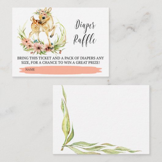 緑の草木のおむつのラッフルのチケットを持つベビーのシカ エンクロージャーカード (正面/裏面)