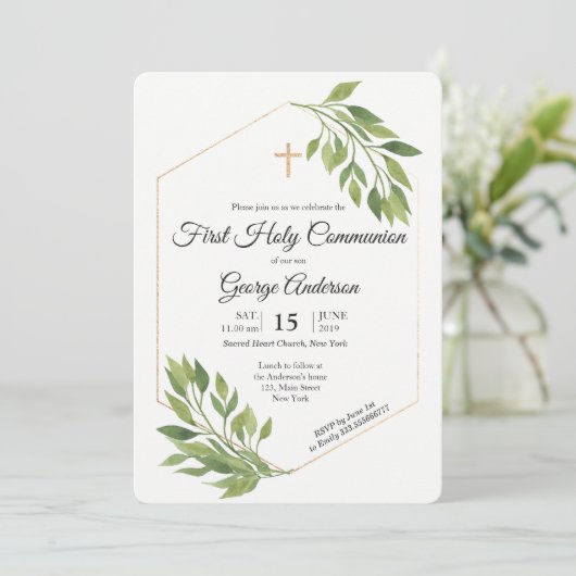 緑の草木のエレガントな最初聖餐の宗教イベント 招待状 (スタンド正面)