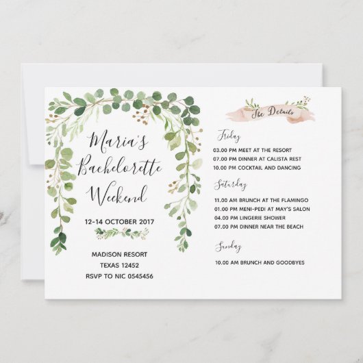 緑の草木のバチェロレッテの週末の旅程の招待状 招待状 (正面)