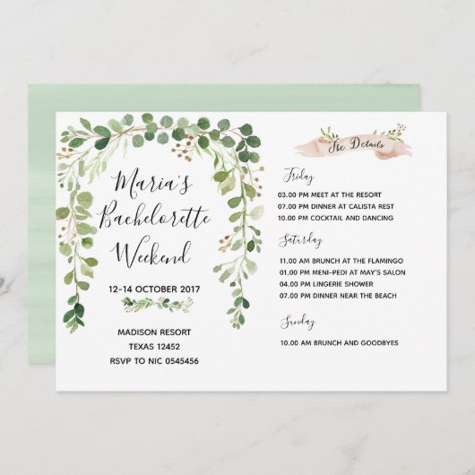 緑の草木のバチェロレッテの週末の旅程の招待状 招待状 (正面/裏面)