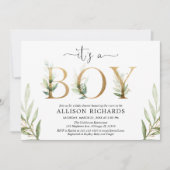 緑の草木のベビーシャワーそれは男の子の緑金ゴールドの群葉です 招待状 (正面)