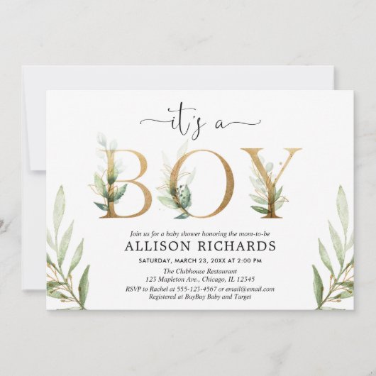 緑の草木のベビーシャワーそれは男の子の緑金ゴールドの群葉です 招待状 (正面)