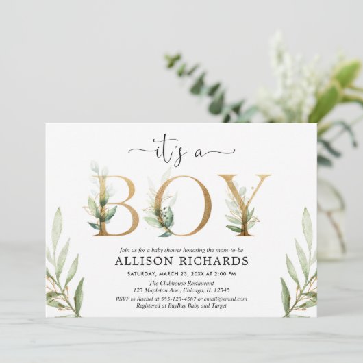 緑の草木のベビーシャワーそれは男の子の緑金ゴールドの群葉です 招待状 (スタンド正面)