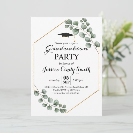 緑の草木のユーカリの写真の卒業パーティー 招待状 (スタンド正面)