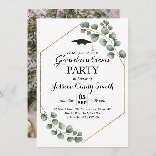 緑の草木のユーカリの写真の卒業パーティー 招待状 (正面/裏面)
