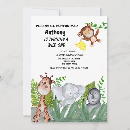 緑の草木の最初誕生に隠れているジャングル動物 招待状 (正面)
