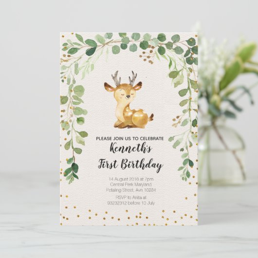 緑の草木の森林シカの誕生日の招待状 招待状 (スタンド正面)