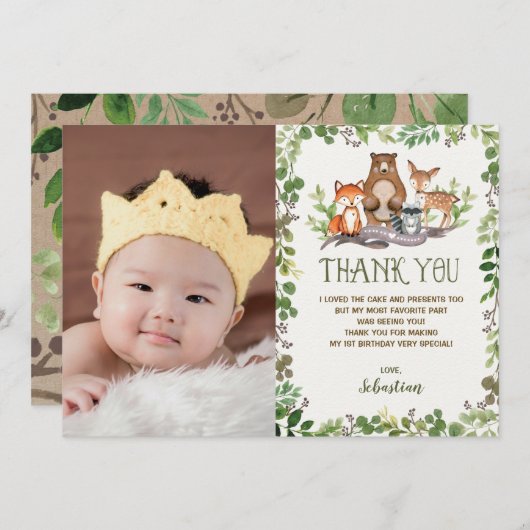 緑の草木の森林動物の森林誕生会 サンキューカード (正面/裏面)
