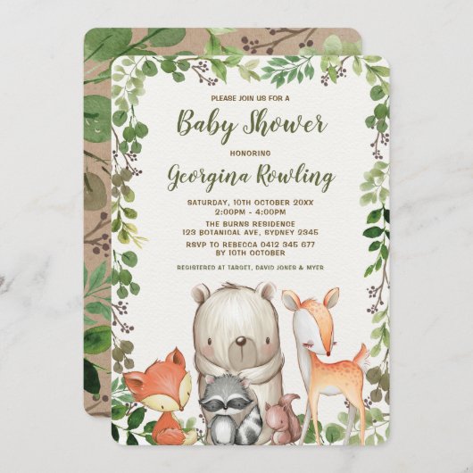 緑の草木の森林森林動物のベビーシャワー 招待状 (正面/裏面)