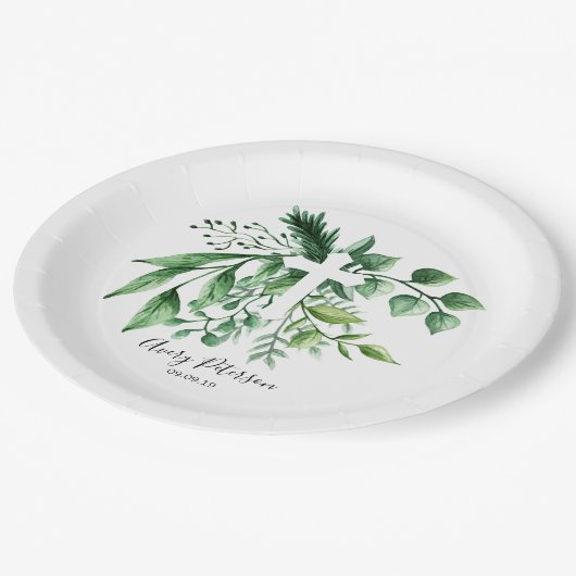 緑の草木の植物の十字の最初聖餐式 ペーパープレート (アングル)