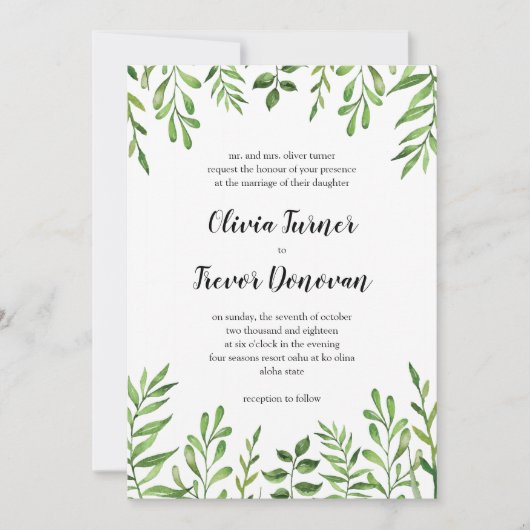 緑の草木の水彩画の緑は植物園を去ります 招待状 (正面)