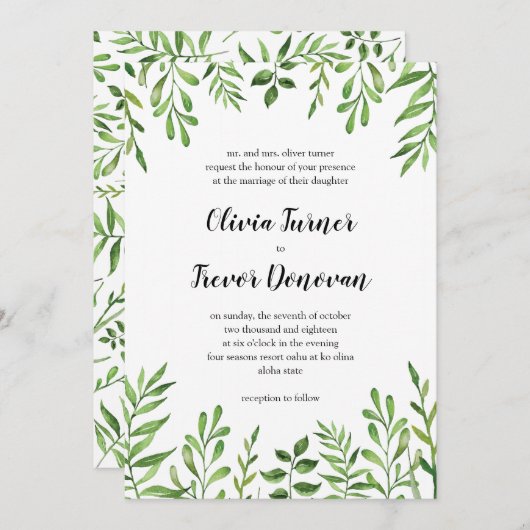 緑の草木の水彩画の緑は植物園を去ります 招待状 (正面/裏面)