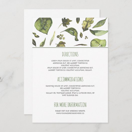 緑の草木の水彩画は結婚式の詳細を去ります エンクロージャーカード (正面/裏面)