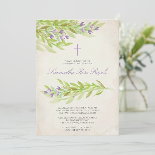 緑の草木の洗礼の招待のラベンダーの花 招待状 (スタンド正面)