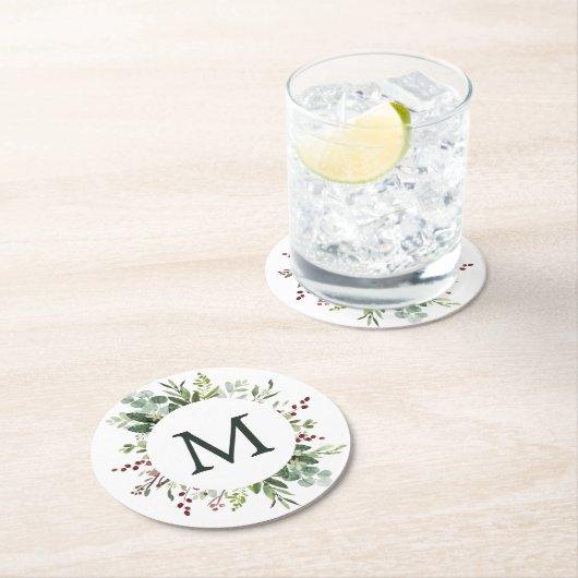緑の草木の赤い果実の休日のモノグラム ラウンドペーパーコースター (インサイチュ)