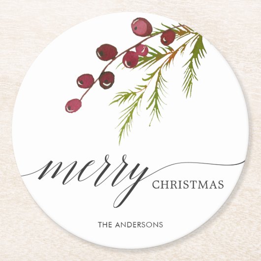 緑の草木の赤い果実の休日 ラウンドペーパーコースター (正面)