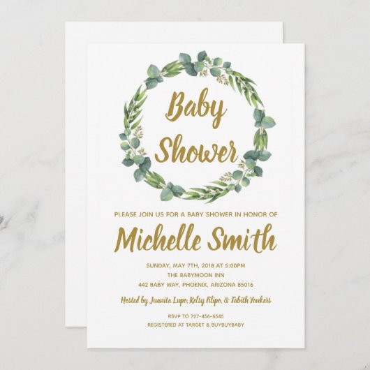 緑の草木の金ゴールドの最小主義のオリーブの枝のベビーシャワー 招待状 (正面/裏面)