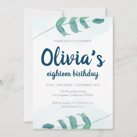 緑の草木は植物の水彩画の誕生日葉の赤面します 招待状 (正面)