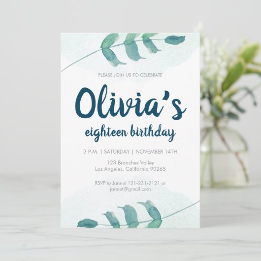 緑の草木は植物の水彩画の誕生日葉の赤面します 招待状 (スタンド正面)