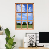 緑の草、木、青い空の窓フェイクビュー ポスター (ホームオフィス)