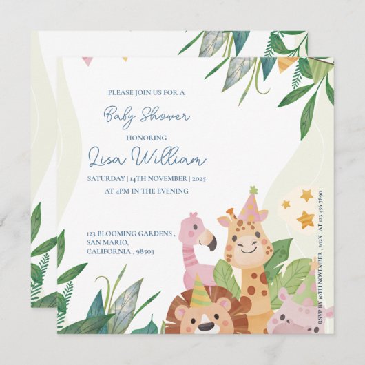 緑の葉が可愛いサファリ動物テーマ赤ちゃんシャワー (正面/裏面)