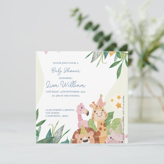 緑の葉が可愛いサファリ動物テーマ赤ちゃんシャワー (スタンド正面)