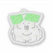 緑の葉っぱの帽子のかわいい白い犬のイラスト シール (正面)