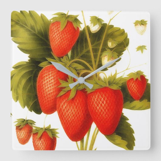 緑の葉とともに描かれたビンテージのイチゴ スクエア壁時計 (正面)