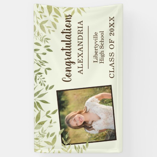 緑の葉と写真の卒業へようこそ 横断幕 (縦)