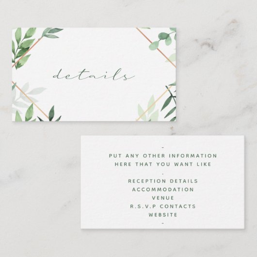 緑の葉と金の縁取りが美しいウェディングの詳細カード エンクロージャーカード (正面/裏面)