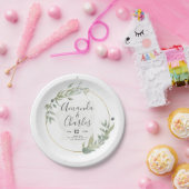 緑の葉と金ゴールドの円の枠 ペーパープレート (パーティー)