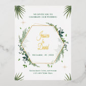 緑の葉と金ゴールドの結婚式の招待 箔招待状ポストカード (正面)