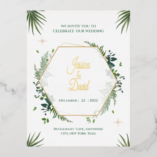 緑の葉と金ゴールドの結婚式の招待 箔招待状ポストカード (正面)