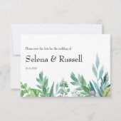 緑の葉と金ゴールドスクリプト日付カードの保存 セーブザデート (裏面)